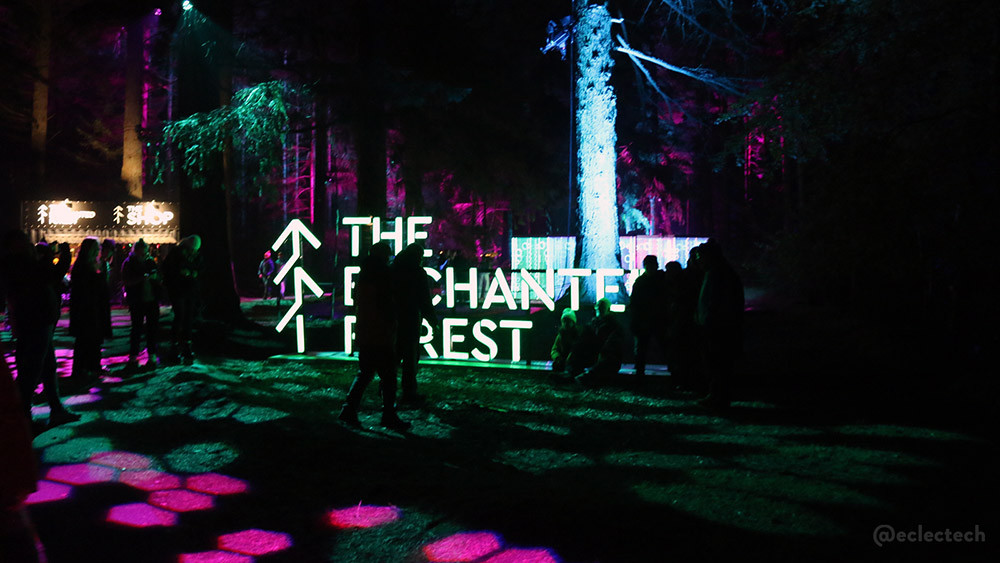 The main entrance with the large illuminated sign reading THE ENCHANTED FOREST with their tree logo to its left. There are silhouettes of people in front, so it can't be read fully in the photo. On the floor in the foreground are patches of pink and green light. In the distance are woods, lit up pink, with one tall trunk nearer the sign illuminated brightly in a blue-white light.