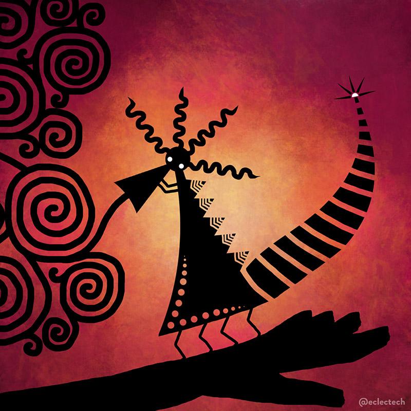A square digital silhouette illustration. The background is a blend of oranges; bright in the centre and getting darker round the edges. At the bottom a black arm-like platform stretches across, and on it stands a four legged figure with a long stripey tail that flares out at the end, a tall triangular body with spikes on its back, and two thin arms holding a horn up to its round head. Their head has bright white eyes and thick strands of wavy hair. A series of spirals is being expelled from the horn, covering the left hand side of the image.